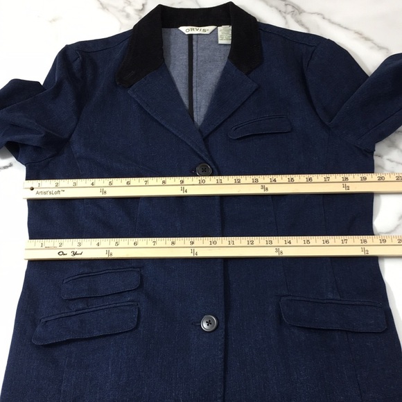Orvis Dark Blue Denim Blazer Jacket Barn Coat Womens 12 Black Corduroy Collar - Picture 9 of 12